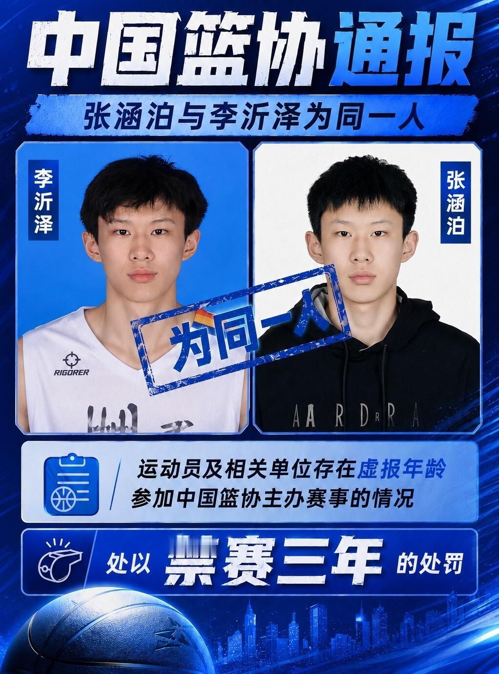 6月10日讯中国篮球协会今日发布通报，经调查认定，运动员张涵泊与李沂泽为同一人