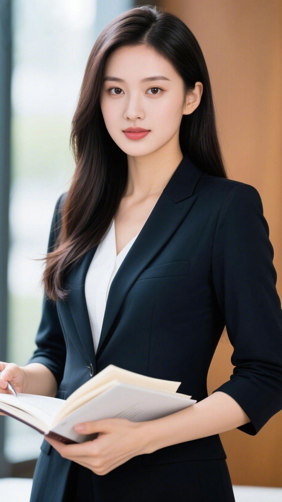《墨西装里的从容》晨光轻落案头时，她静立在办公区的舒展里。墨色西装裹