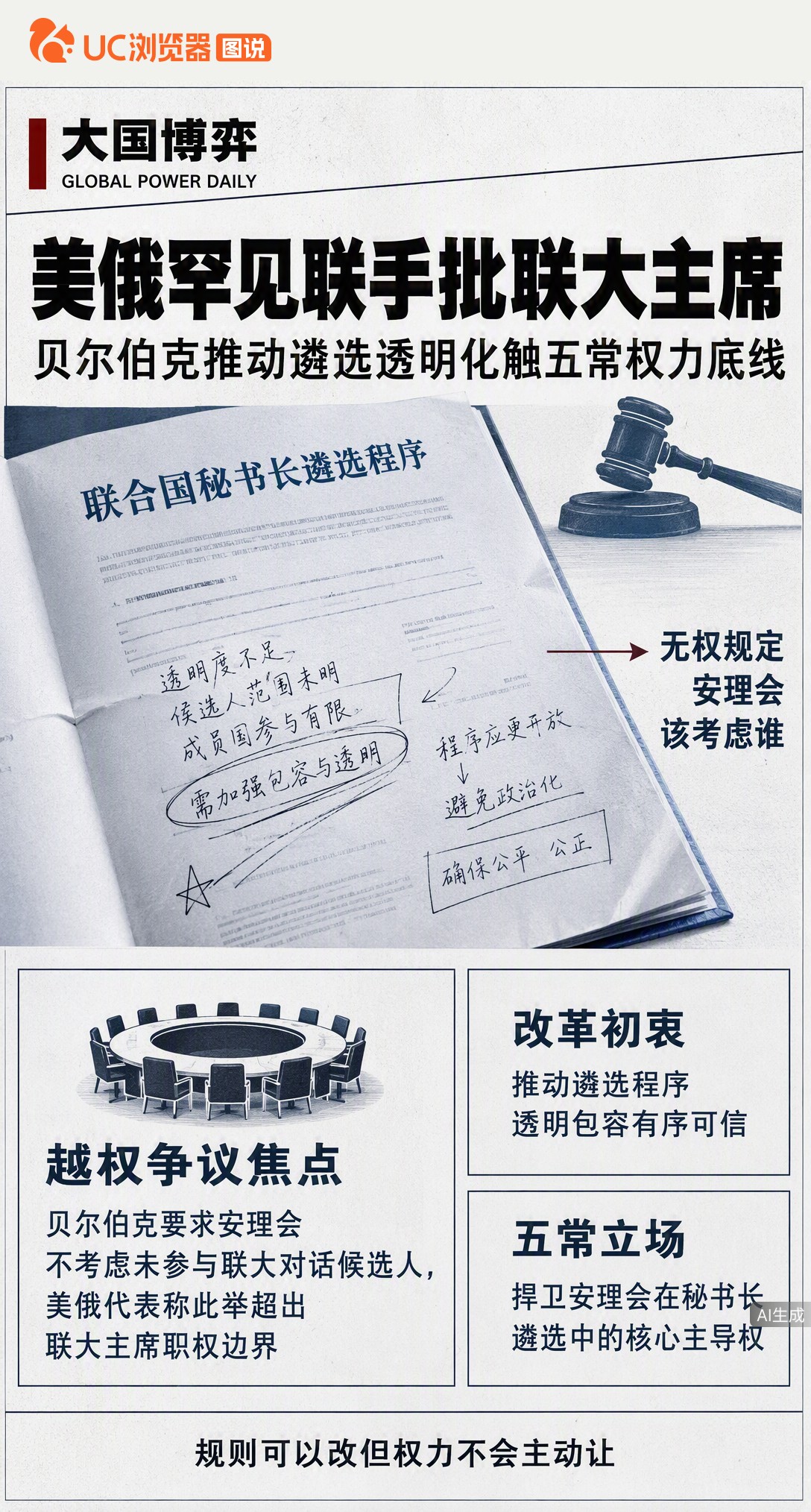 美俄罕见联手批联大主席贝尔伯克越权。她推秘书长遴选透明化，还想给安理会立规矩？五常核心权力不容插手，