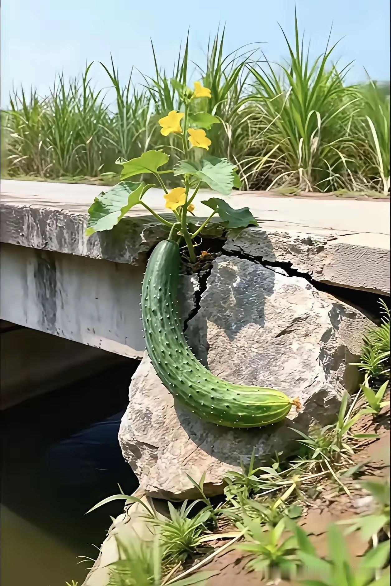 这棵黄瓜真可怜，孤独寂寞长路边，开花结杲够坚强，从不畏惧石缝岩。植物黄
