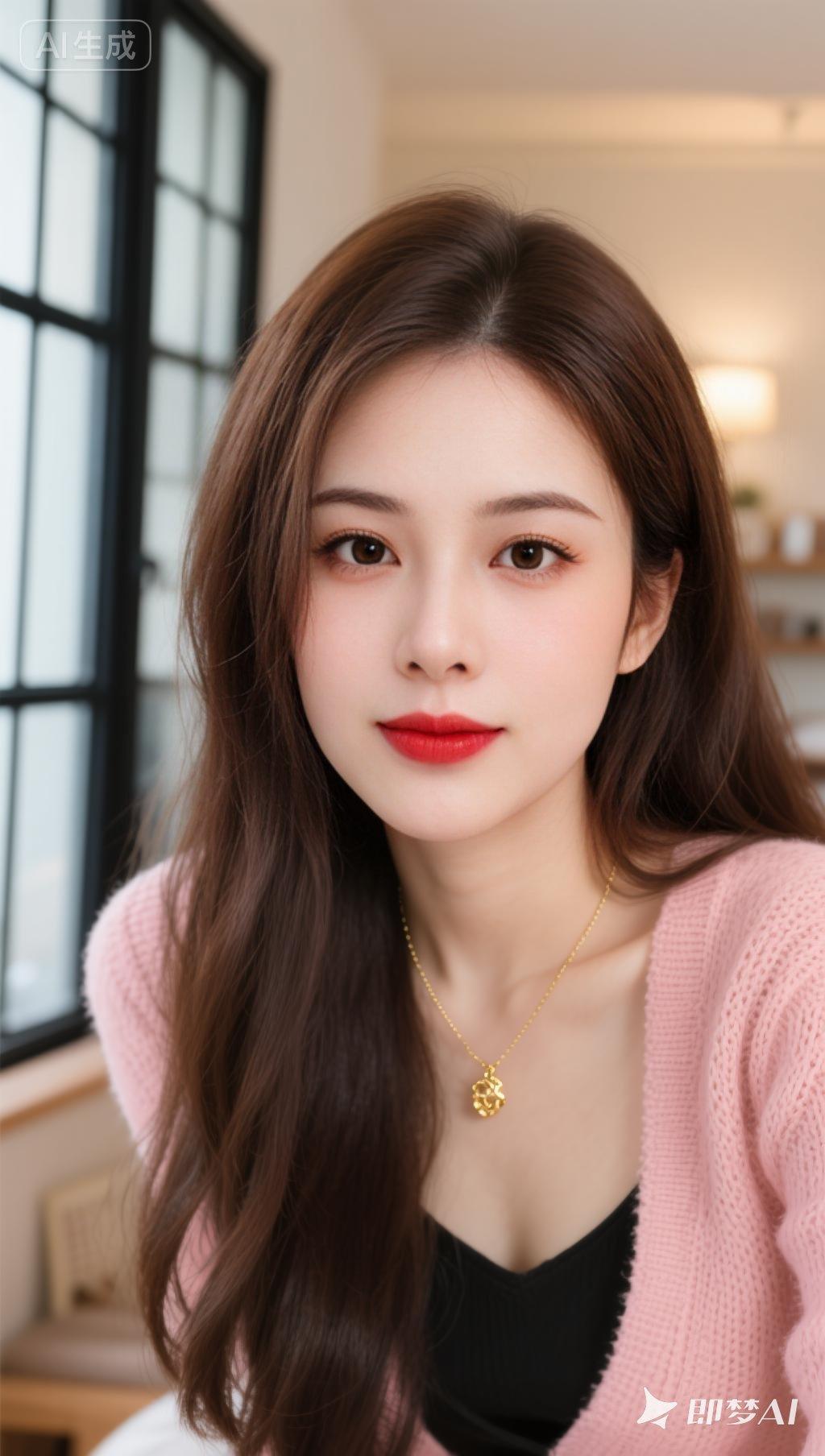 一位东亚风格的年轻女性，有着一头自然垂落的深棕色长发，发丝柔顺且有轻微的蓬松感。