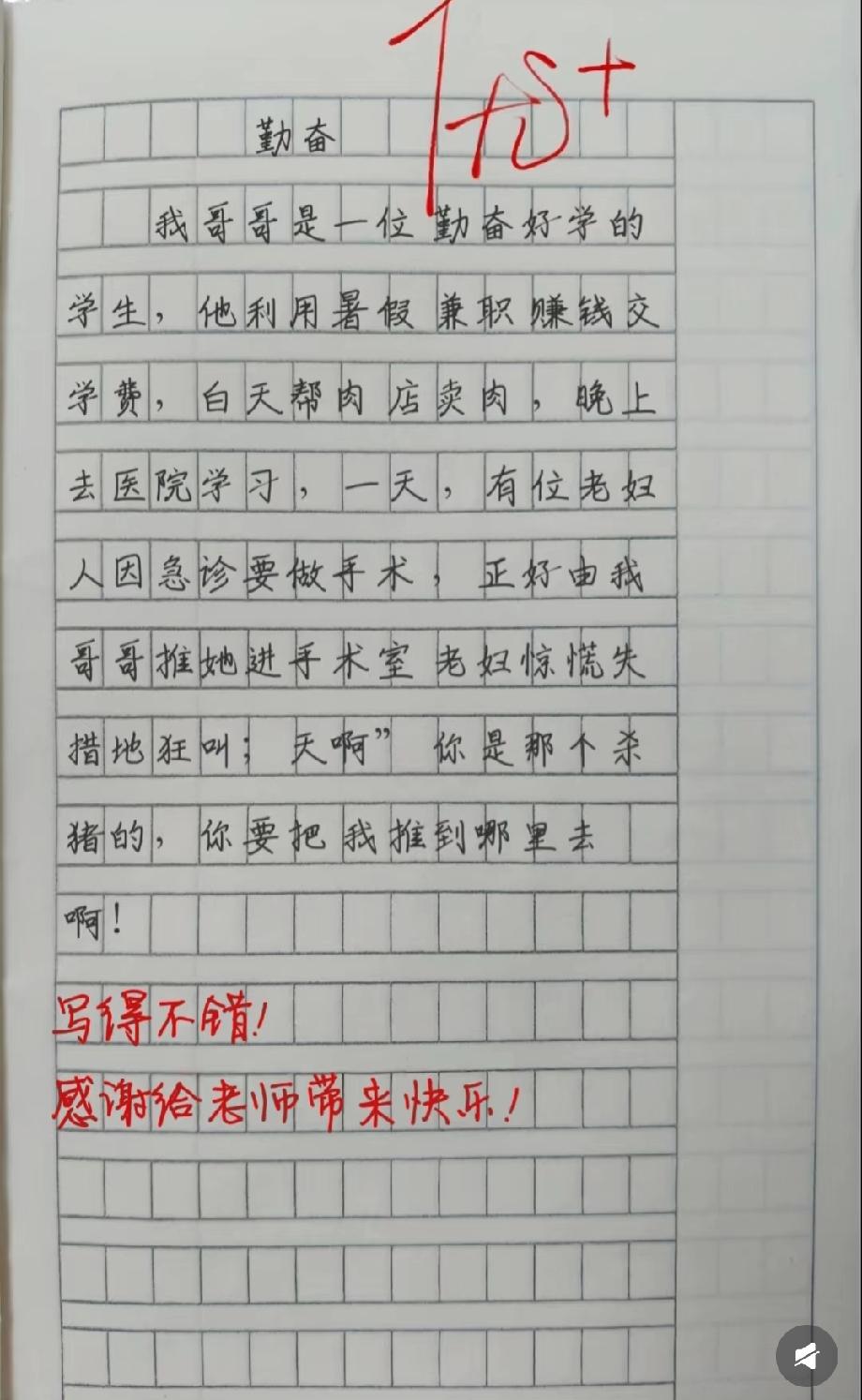  这篇“勤奋”主题作文太绝了！老妇人把卖肉哥哥认成“杀猪的”，评论区笑疯