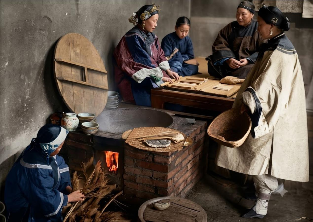 晚清，华北，普通民居厨房内，女性集体制作面食，灶台由青砖垒砌，嵌着一口大口径铁锅