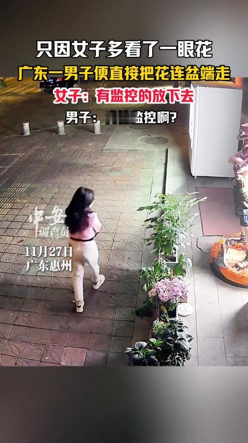 “这老公太可怕！”11月27日，广东惠州，一女子和老公在外散步，她看到店门口的花
