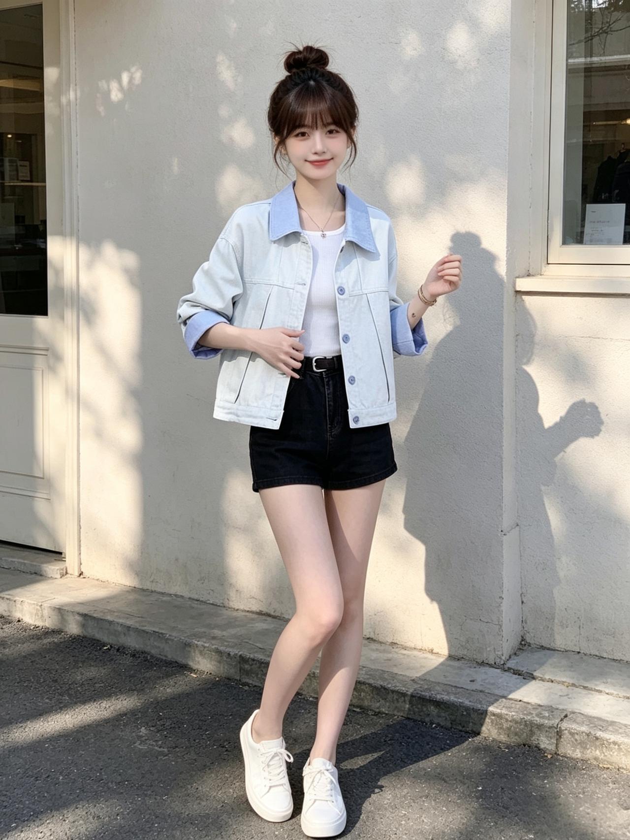 这位小姐姐穿着牛仔外套和短裤，站在阳光下，显得非常休闲和时尚。怎样穿搭知性又显身