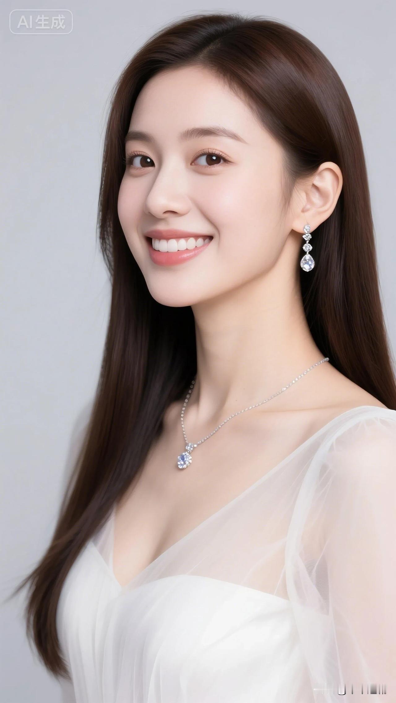 轻纱白裙裹着柔润质感，蓝钻耳坠与颈链相映，长发垂落间，一抹笑靥在浅灰背景里漾开温