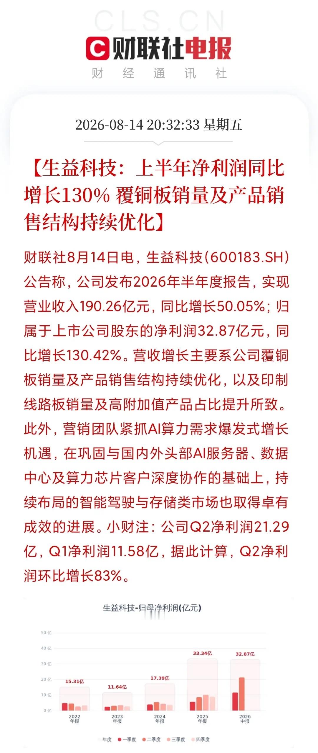 向左向右，听谁的？生益科技上半年净利32.87亿，暴增130%；年内股价已翻倍，