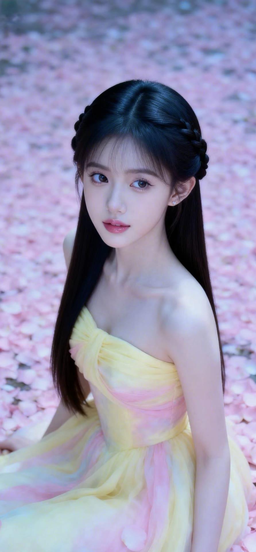 梦幻少女，粉色花瓣中，一袭黄粉渐变裙，宛如童话中的公主。