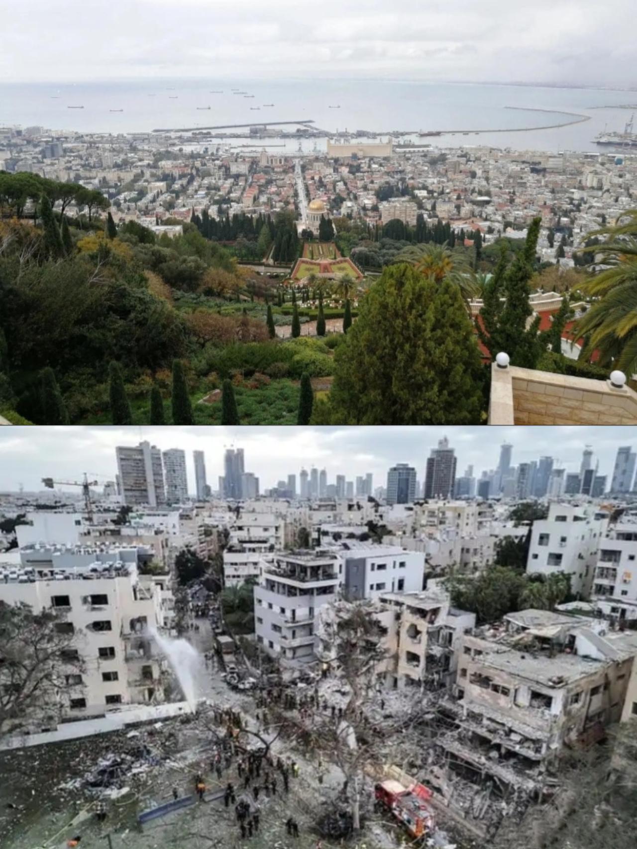图一.战前的伊朗德黑兰与战后的德黑兰。图二.战前的以色列特拉维夫与战后