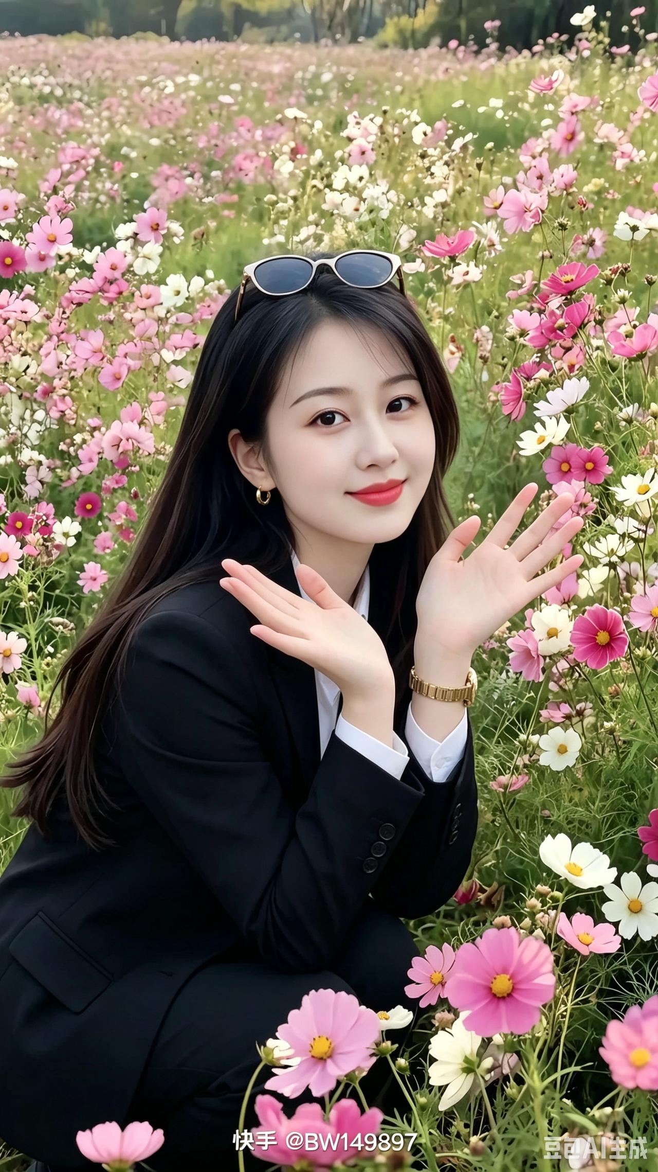 格桑花海溢芬芳，佳人浅笑蹲花旁。轻舒素手迎春景，眉眼含情自放光。一袭素衣