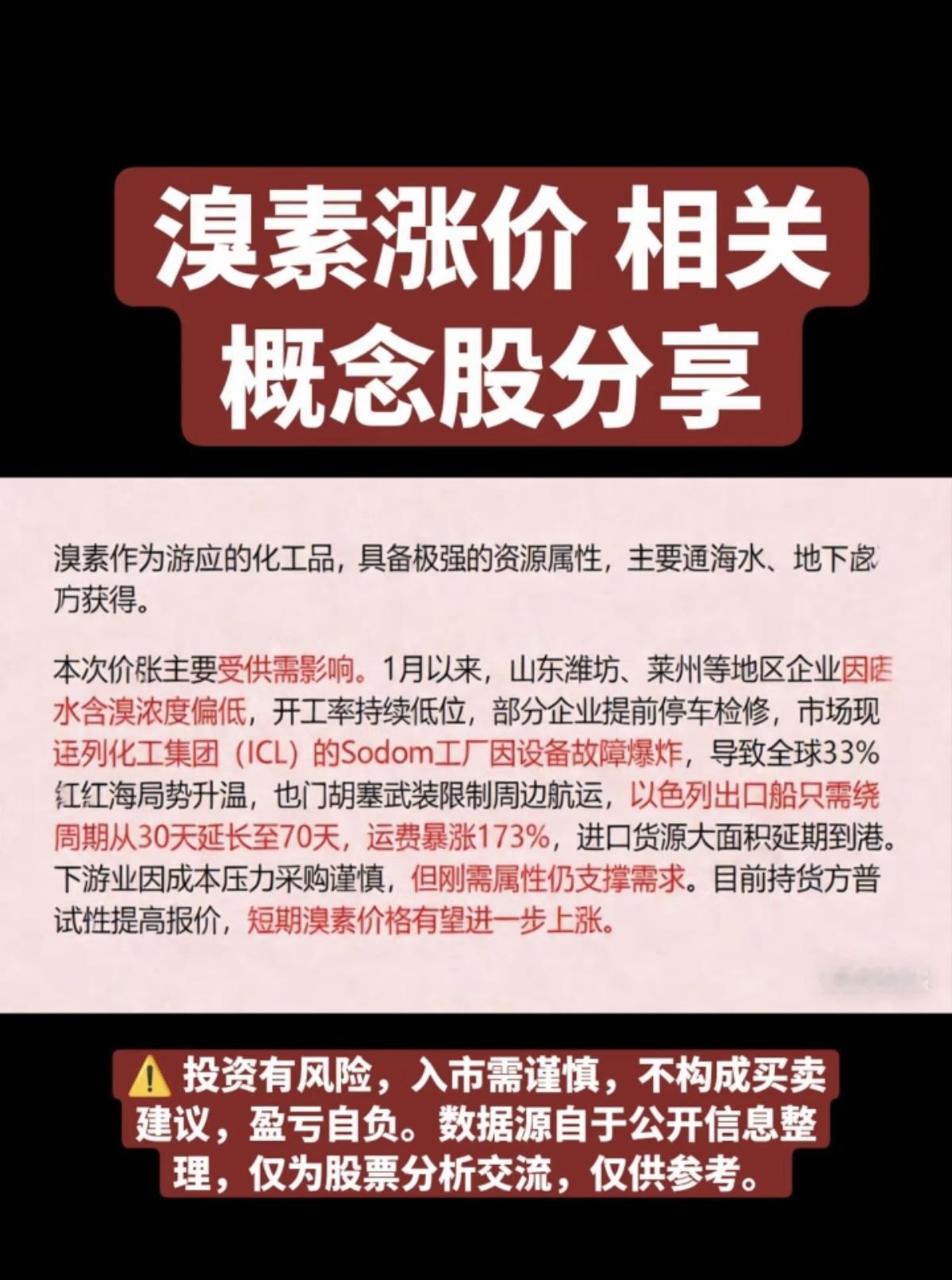 溴素涨价！相关核心龙头股！部分化工品涨价，相关核心龙头股受益：