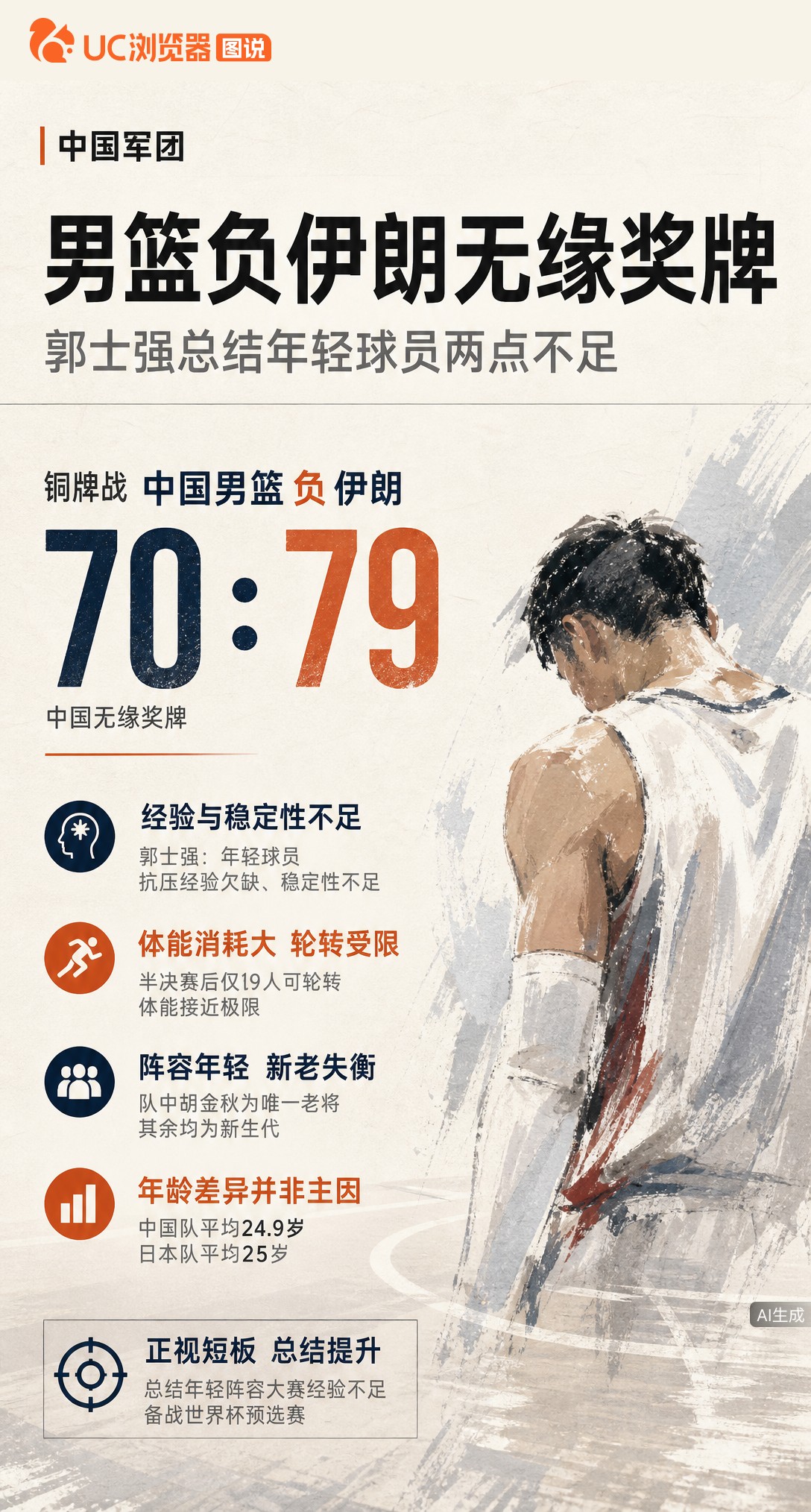男篮70-79负伊朗无缘亚运奖牌，郭士强赛后点出年轻球员抗压与稳定性不足。半决赛后仅9人轮转，体能告
