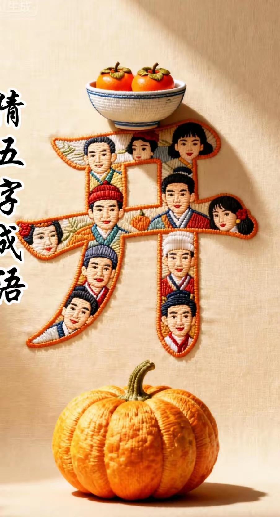 画面里有人头，碗可谐音“万”，柿子取“事”之意，再有开字，合起来便是万事开头难