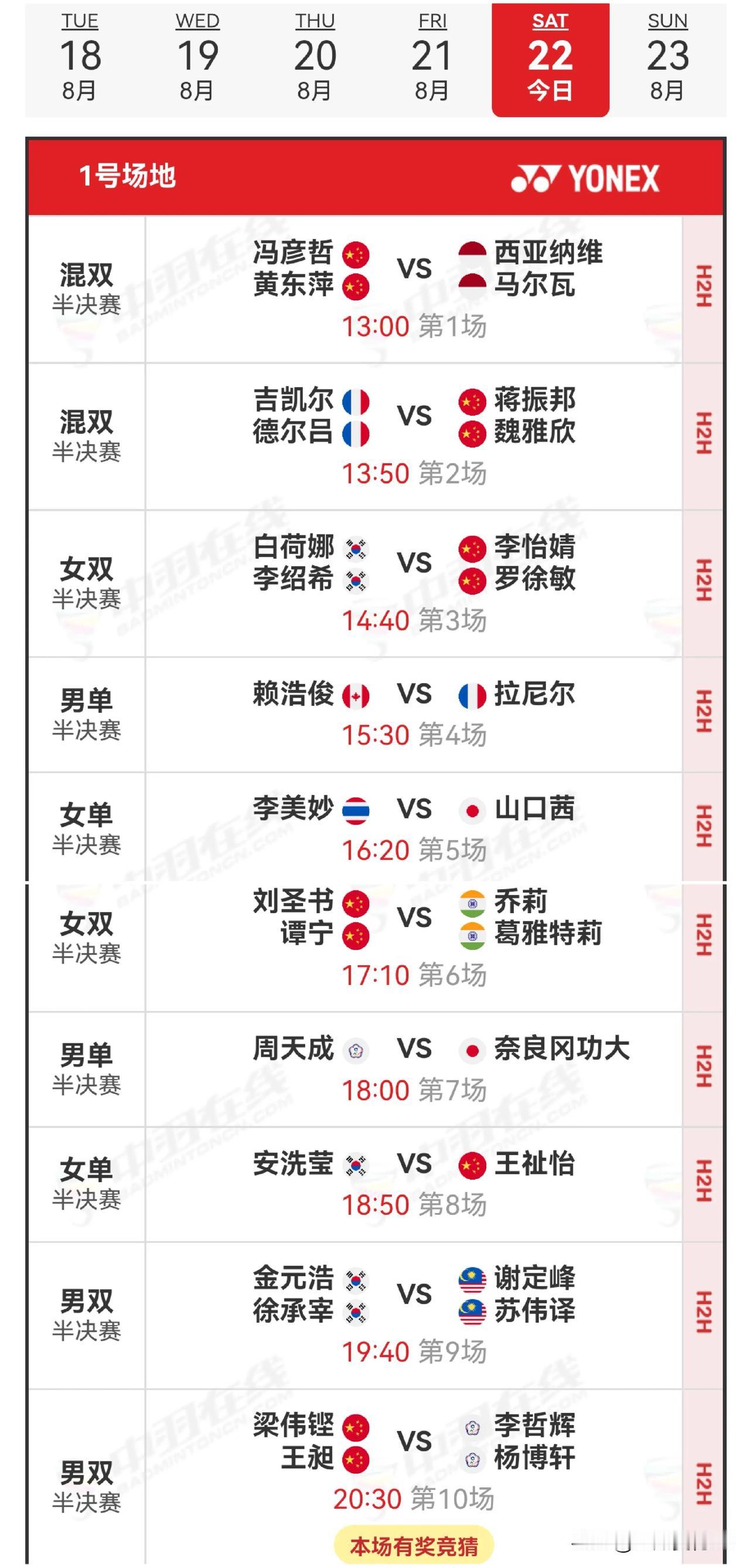 22日赛程2026年世界羽毛球锦标赛2026年世锦赛半决赛8月22