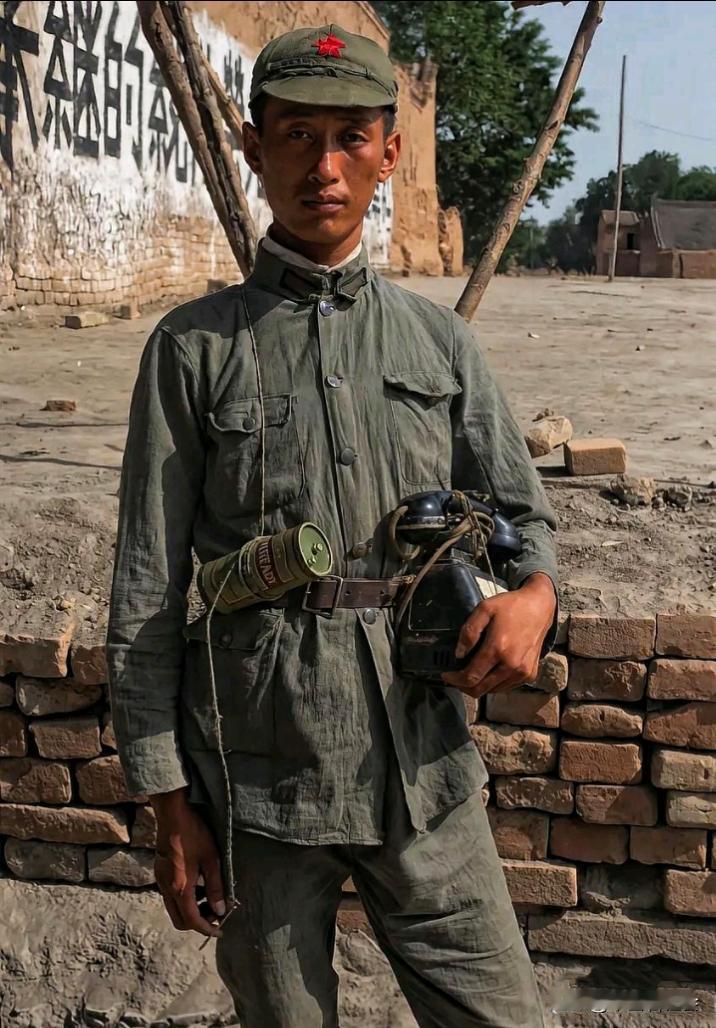 这是美国记者用照相机拍下的一名八路军通信兵的老照片。照片经过了AⅠ修复和上色处