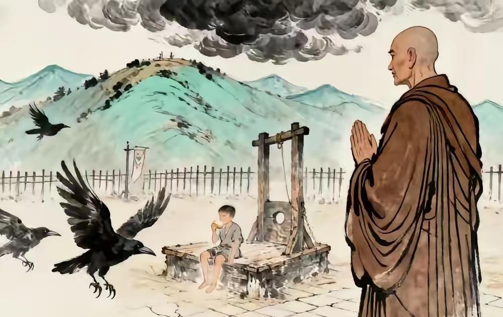 高僧路过刑场，见一男童在断头台上啃馒头，身后乌鸦盘旋不落，高僧合掌：“破军坐命，