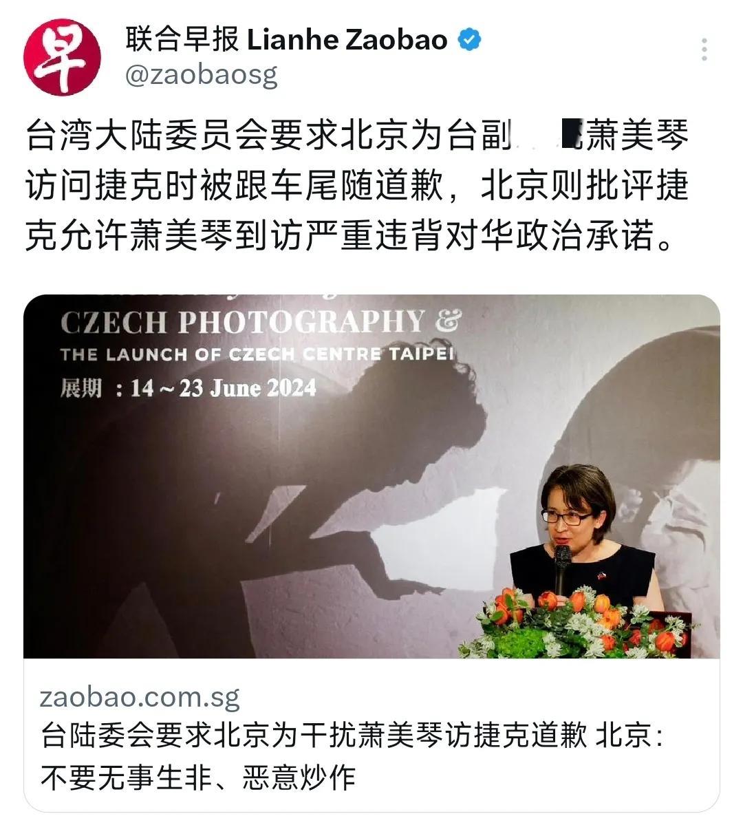外媒今天（6月28日）报道：“台湾大陆委员会要求北京为台湾副地区领导人萧美琴访问