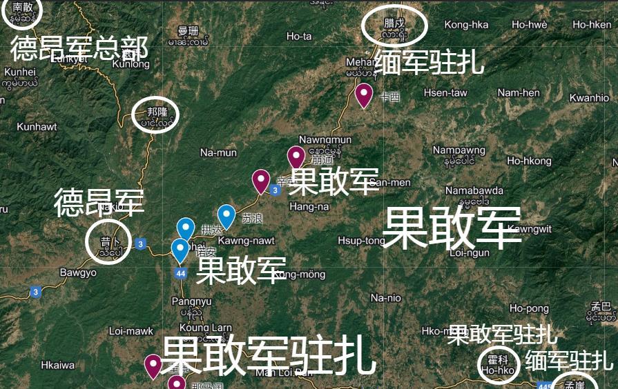 果敢同盟军在加强腊戌南部地区的控制力！图中标记红色的区域，是果敢同盟军的卫生部，