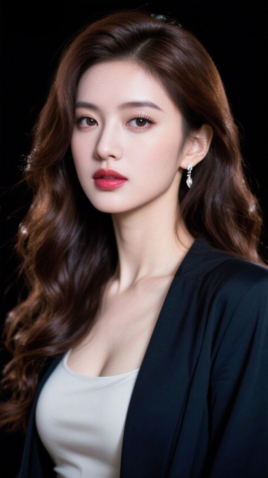 暗夜流光，优雅自成深黑外套衬出利落气场，白内搭添了几分柔和，大波浪卷发垂落