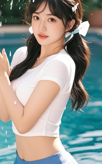 泳池边的夏日女神，回眸瞬间惊艳时光