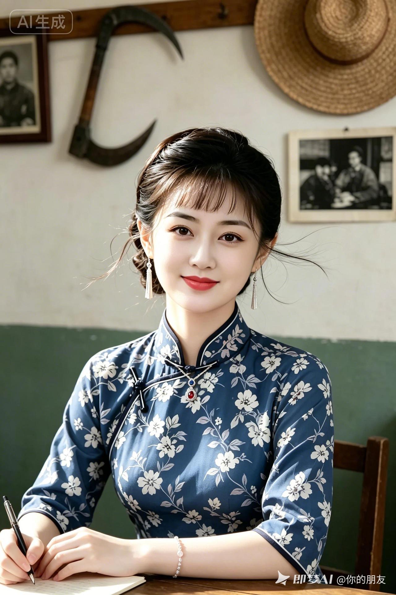这位女士正在写东西，穿着旗袍。