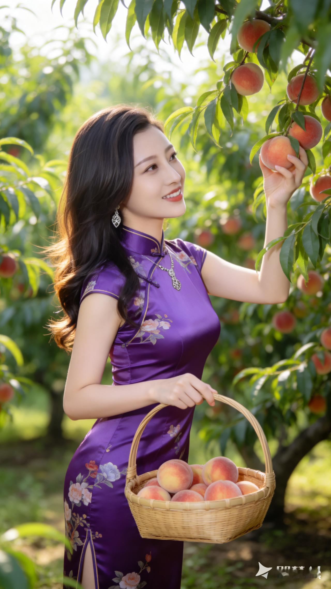 桃园采摘记|紫色旗袍与红桃的完美搭配🌸🍑