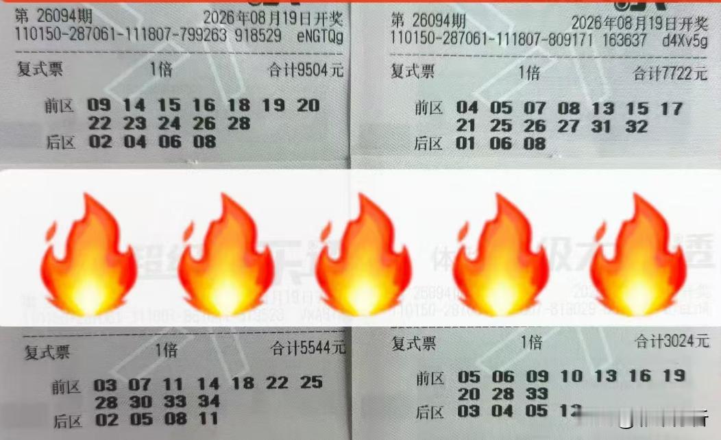 大乐透两组顶级票亮相：第一组是9504复式领衔的4张顶级大票，总花费达到2.5万