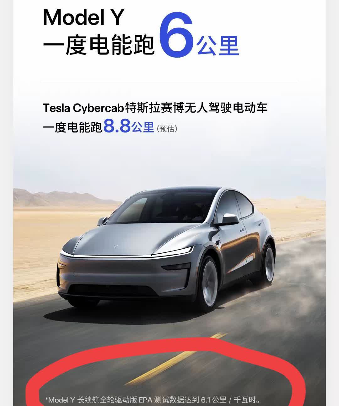 特斯拉modelY官方宣传一度电只能跑6公里，小米YU7官方宣传96度电跑83