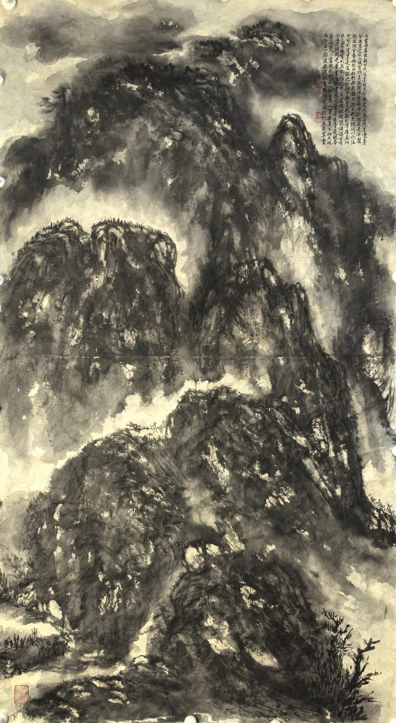 桑皮纸泼墨山水画分享今日的感悟作画不外点、线、面，然用墨最难。