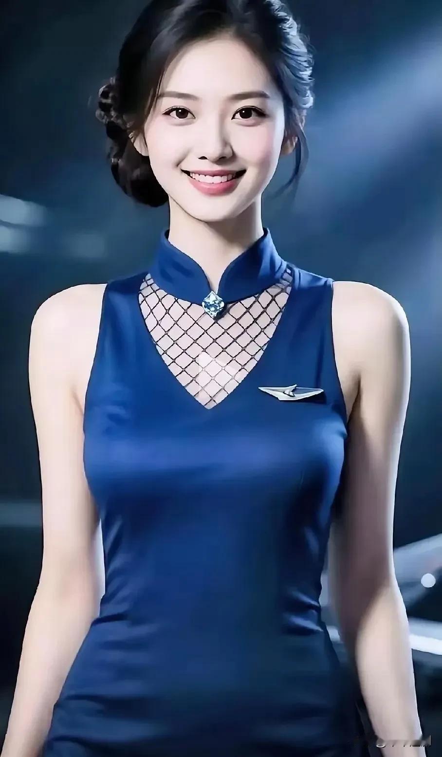 💙藏青旗袍领撞上网纱细节，把东方韵味与利落气质揉为一体，浅笑间尽显优雅从容。