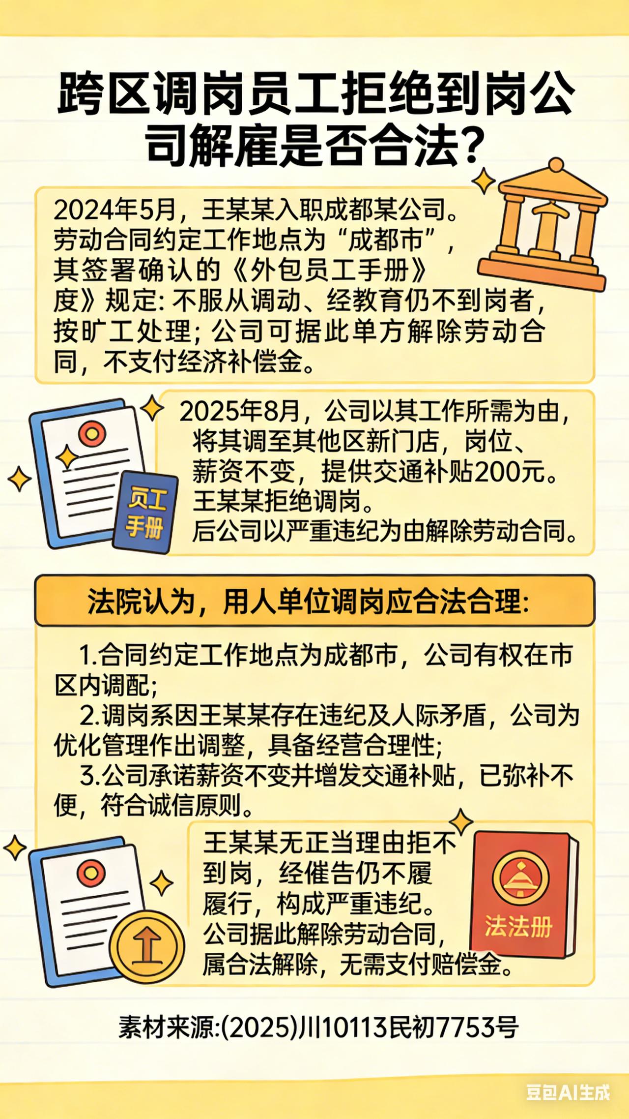 跨区调岗，员工拒绝到岗公司解雇是否合法?2024年5月，王某某入职成都某公司。