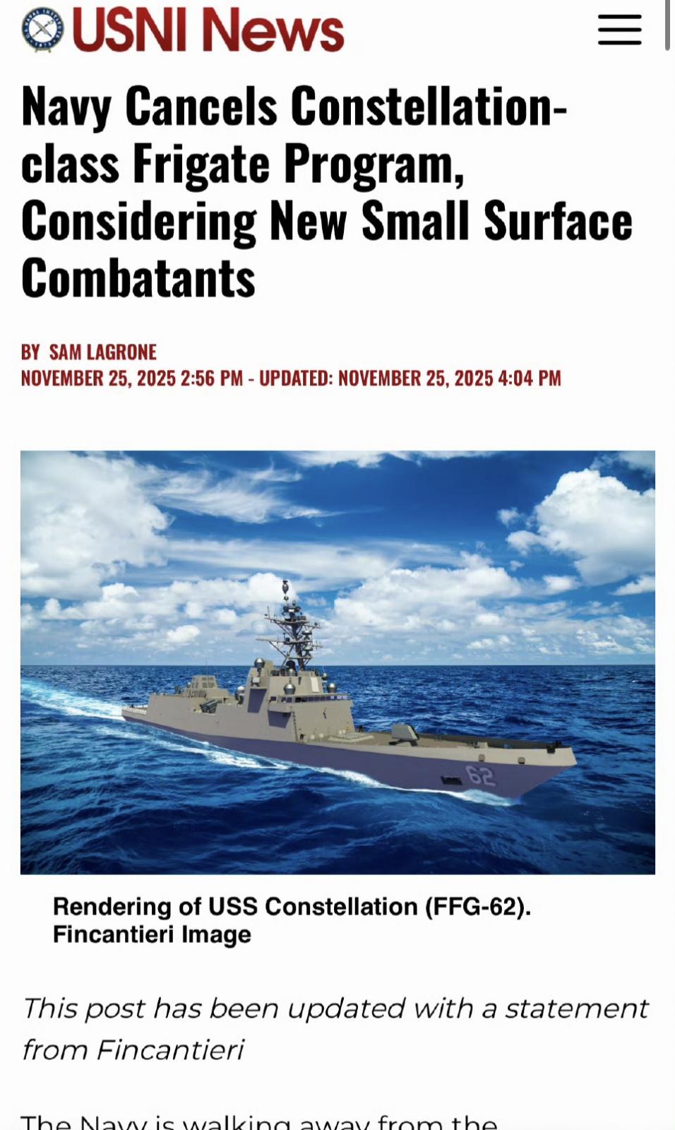大漂亮海军堕落！取消星座级护卫舰计划，考虑新的小型水面作战舰；福特级航母更新因技