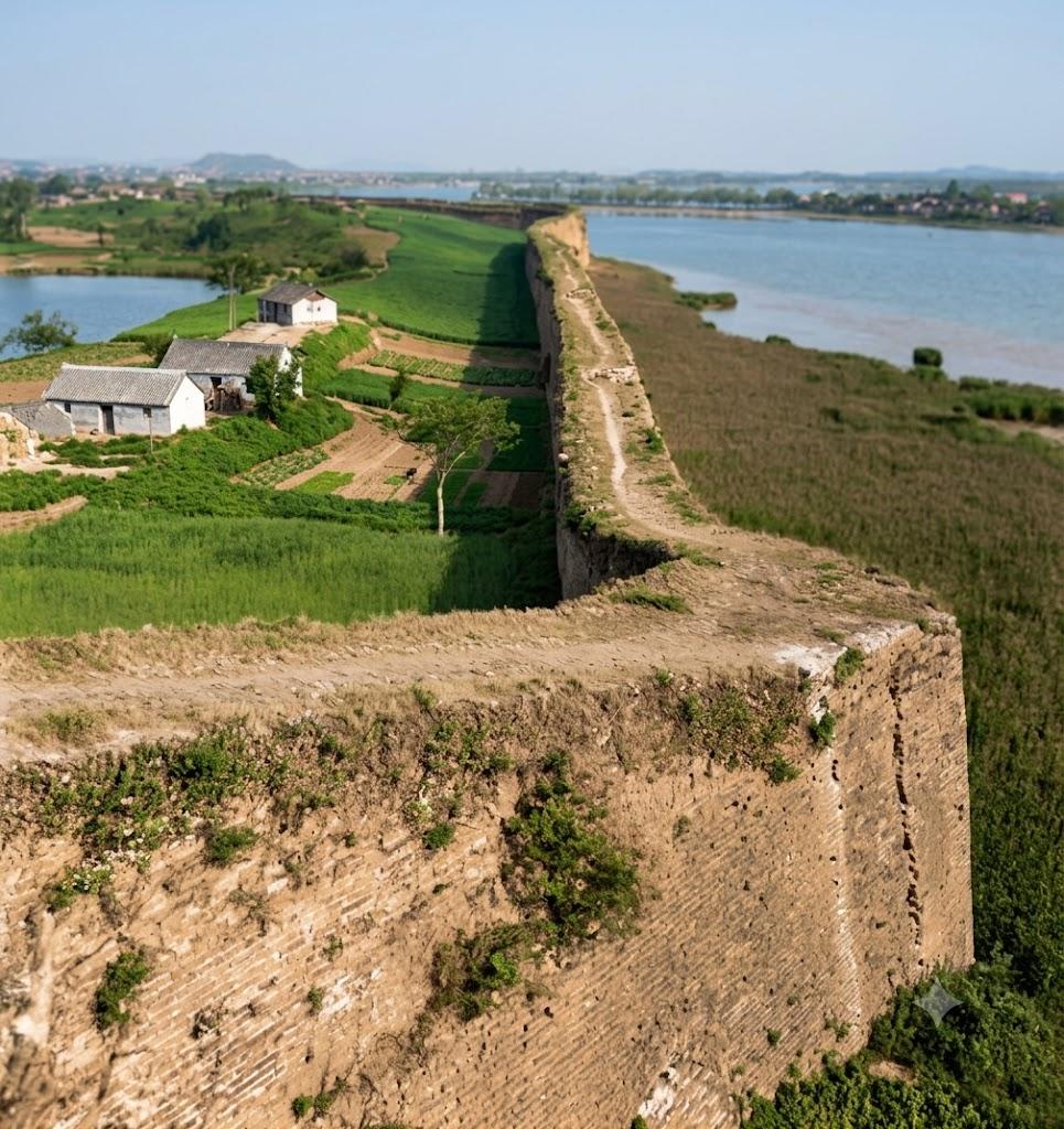 1940年，南京明城墙顶部的俯瞰影像，站在城顶望去，荒草爬满斑驳砖面，长墙沿水岸