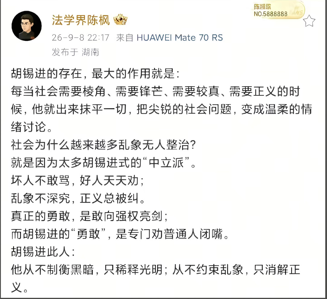 陈枫老师说的太对了，“胡飞盘”对公共事件的所有发声基本都是惩善扬恶，故意制造社会