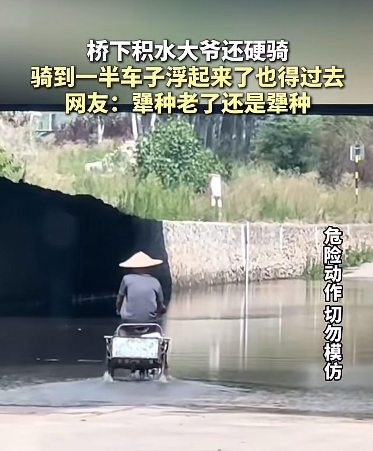 “犟种老了还是犟种！”山东，桥下积水大爷还硬骑，骑到一半车子浮起来了，游也要游过