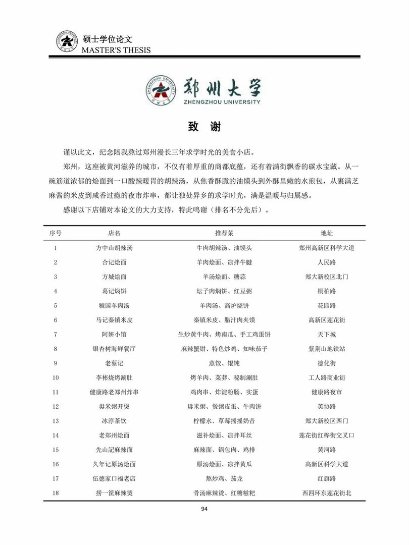 研究生论文致谢100家郑州美食小店原文：郑州读研三年美食致谢🙏。谨以此文，纪念
