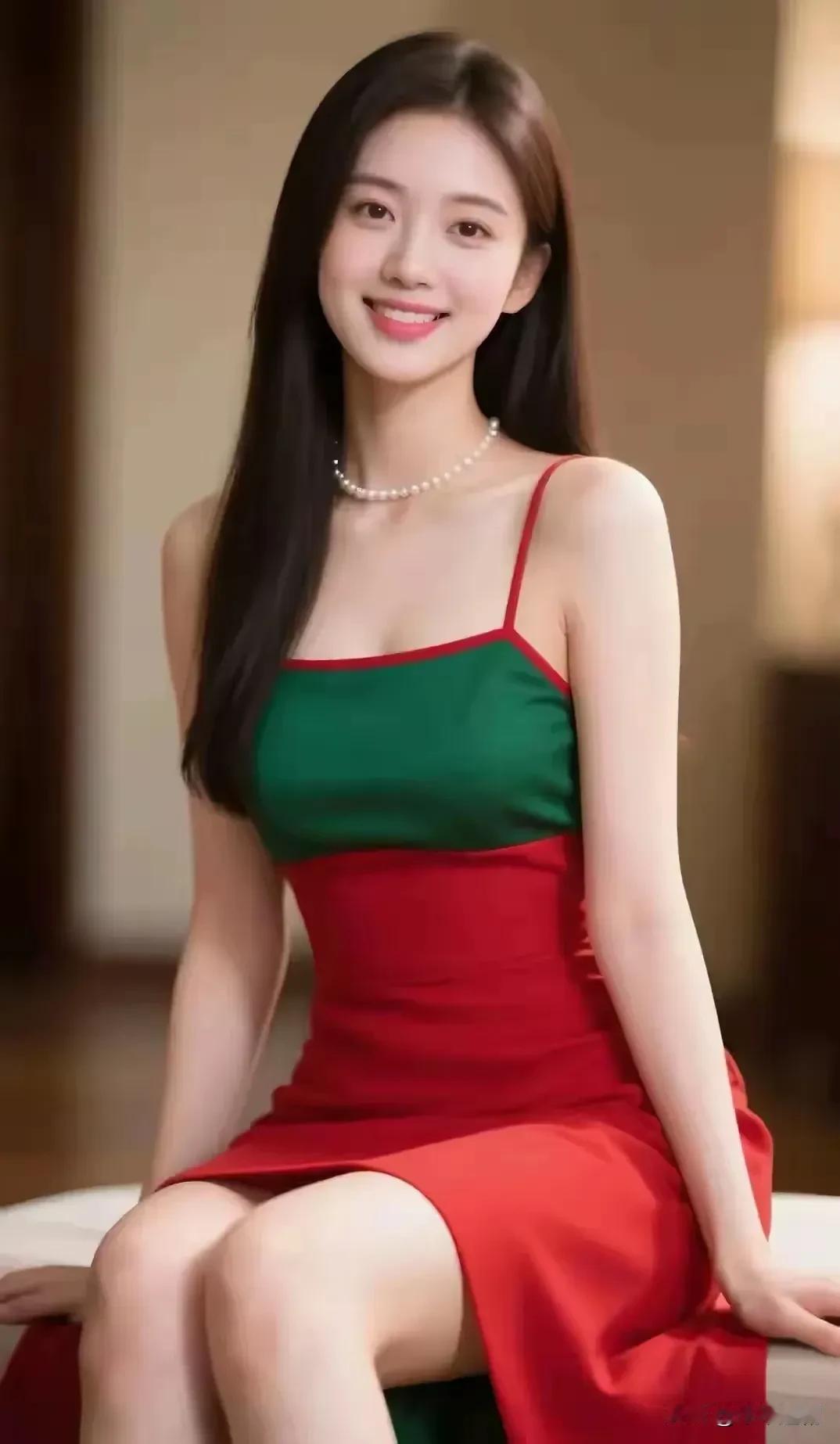 红绿撞色的裙裾摇曳，珍珠项链轻抵锁骨，你眼底的笑意，是比节日更热烈的温柔。
