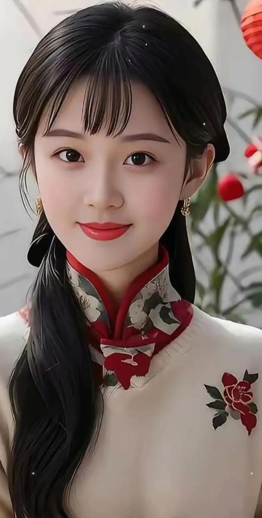 优雅旗袍少女，红唇与黑发相映成趣，古典韵味十足。