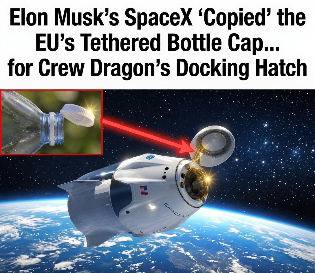 埃隆・马斯克的SpaceX“抄袭”了欧盟连体式矿泉水瓶盖设计，用来做载人龙