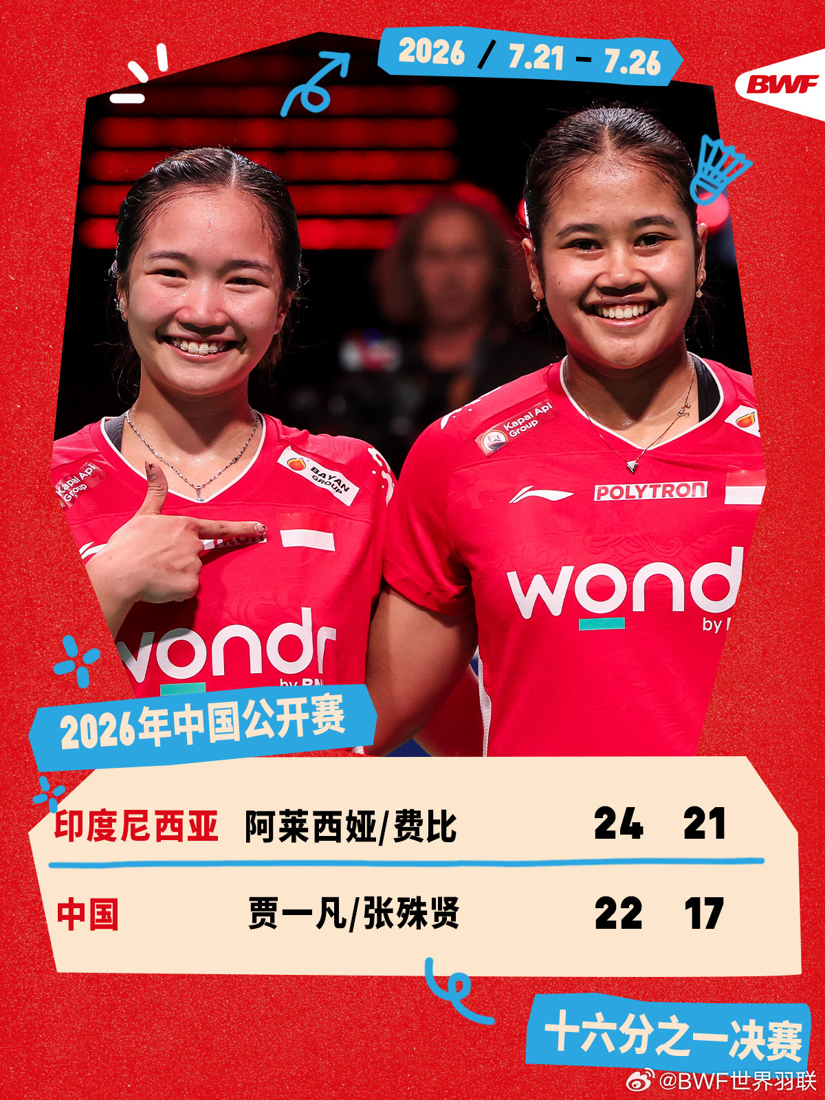 2026年中国羽毛球公开赛首轮赛况🔥阿莱西娅/费比2-0贾一凡/张殊贤凡贤组
