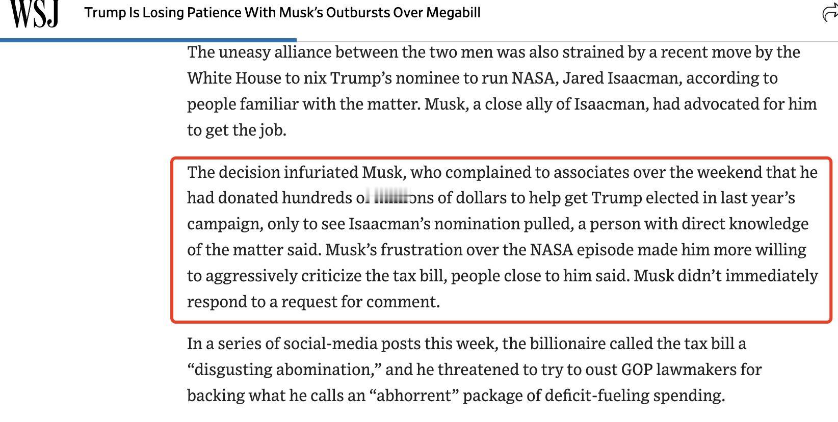 WSJ的文章引用了一个直接信源说，马斯克对他支持的NASA局长候选人Jared