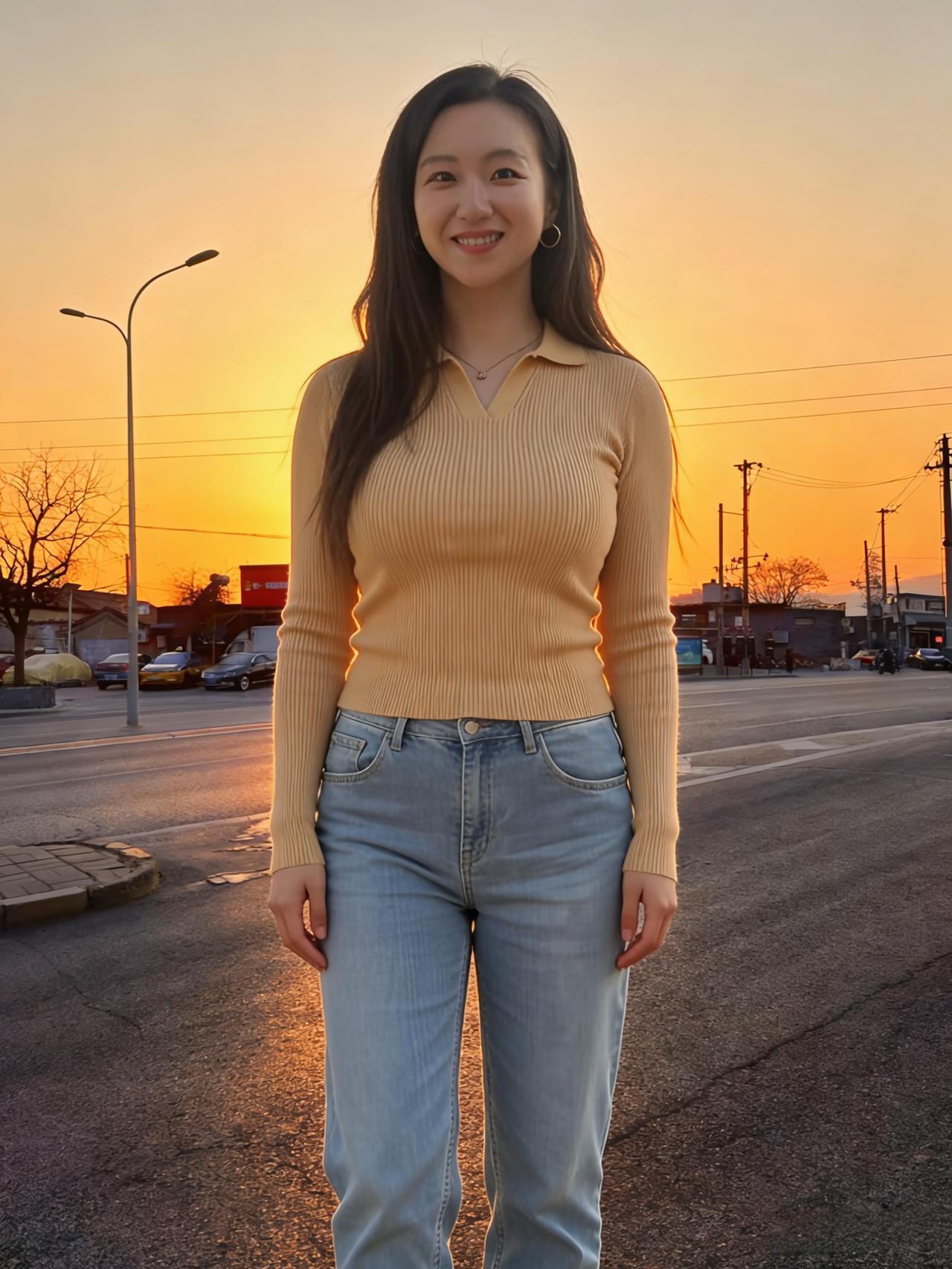 晚云把橘色揉碎了洒在街面的沥青上她站成一截温柔的灯杆针织衫兜住半捧夕阳