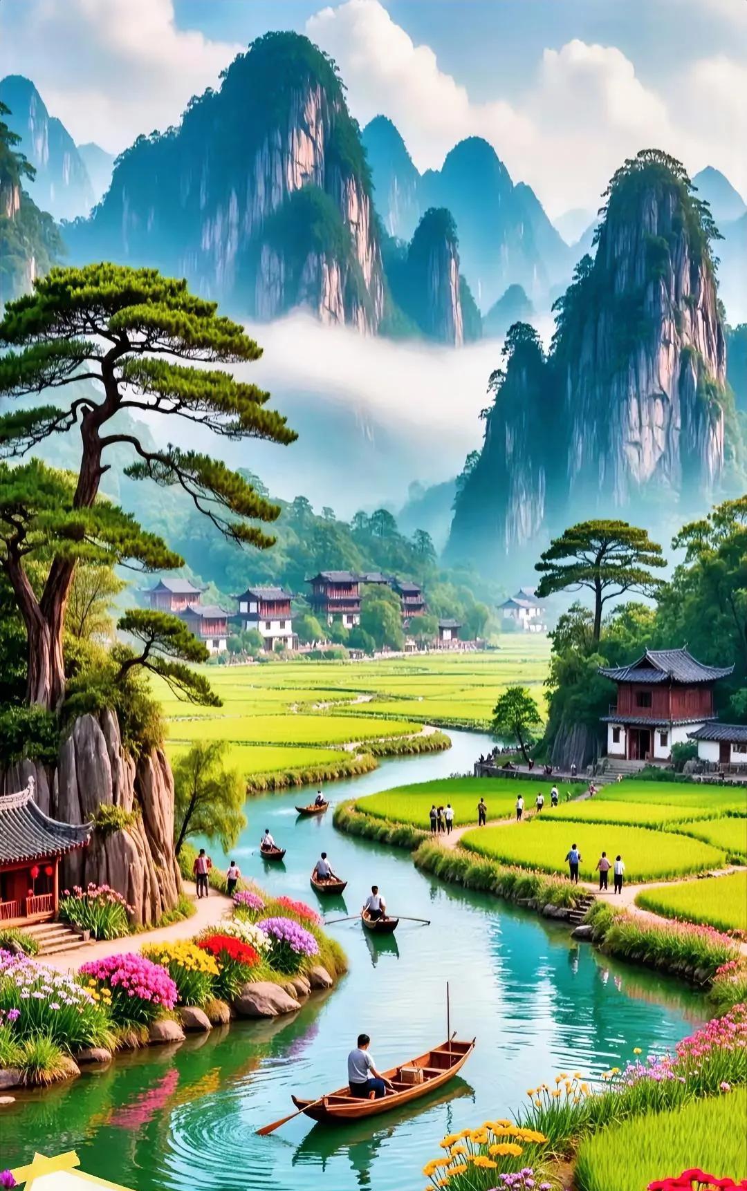 瑶寨香居吊脚楼，清溪若玉小船游。山峦莽嶂攀云去，………………[啤酒][万柿