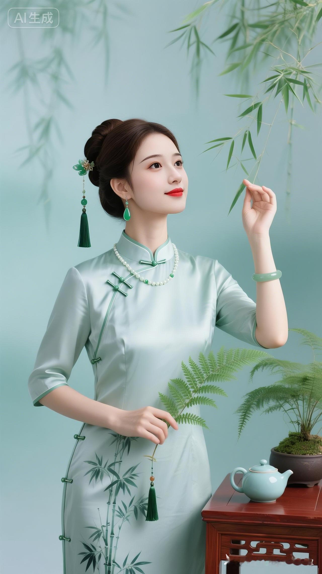 盘发配翡翠玉饰，青竹缎面旗袍，女子执蕨抬眸。旁置红木茶席瓷具，垂竹衬浅青朦胧背景