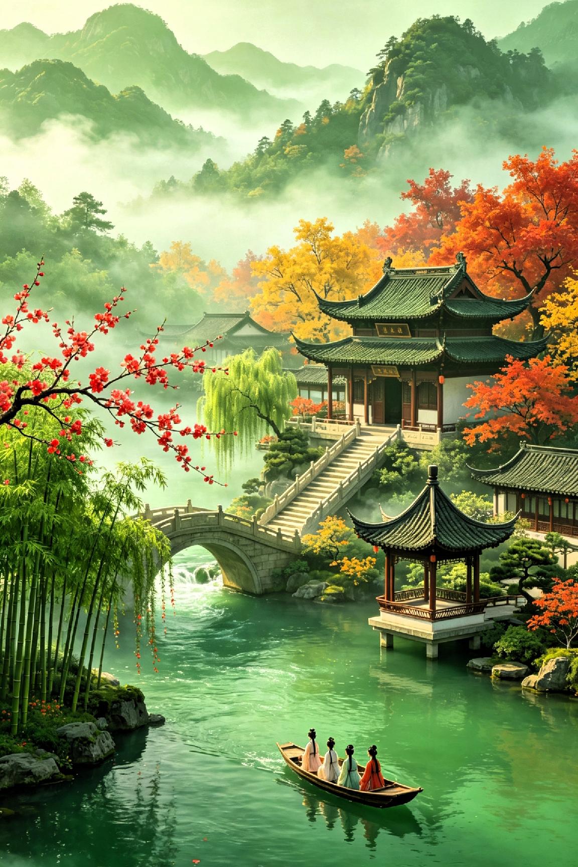 七言 诗一首《烟雨秋景》黛色层峦锁江城，一叶轻舟自在行！友友们！提笔写