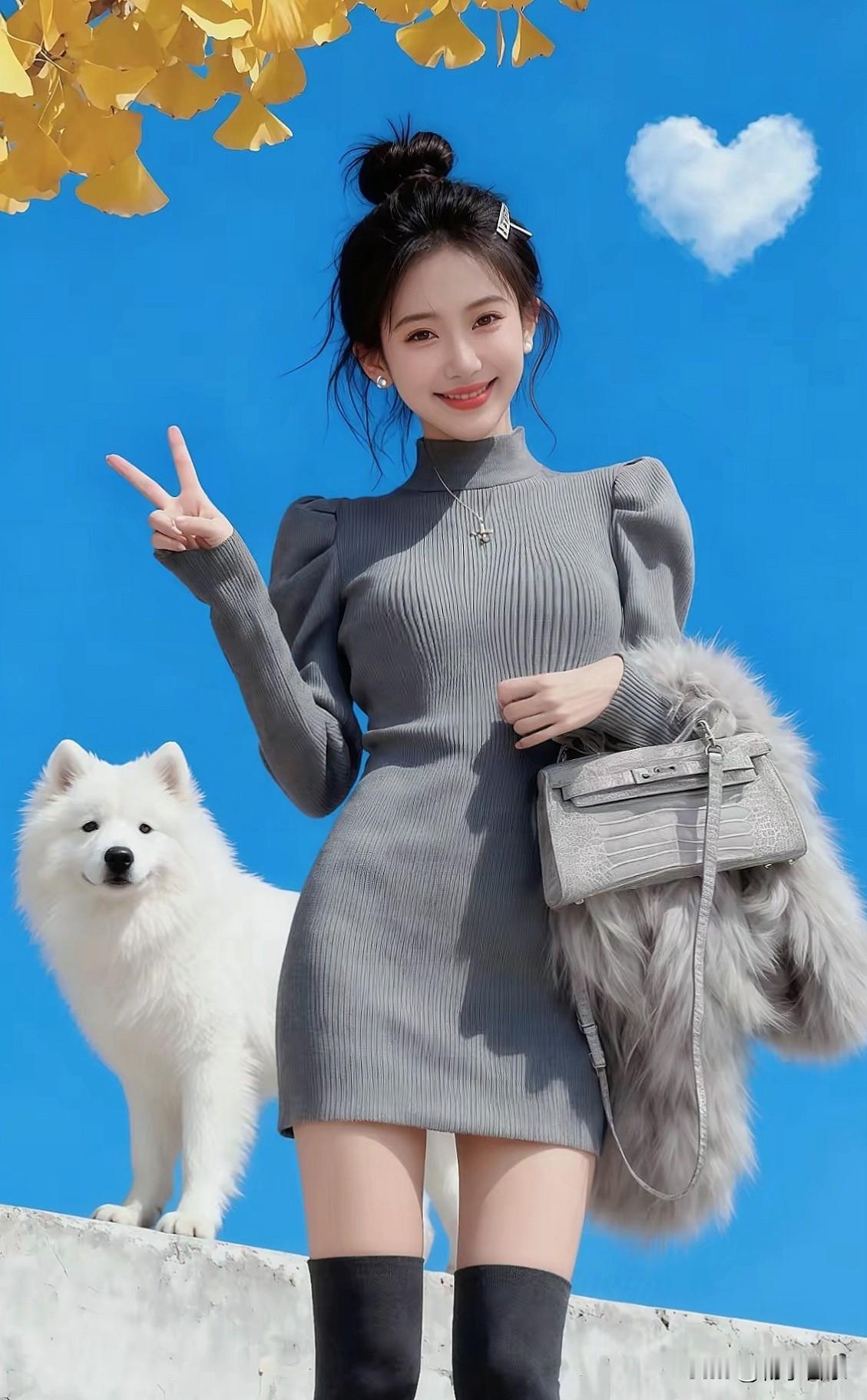元气少女穿搭，灰色连衣裙搭配毛绒包，甜美又时尚！分享一张你最近随拍的照片少女风写