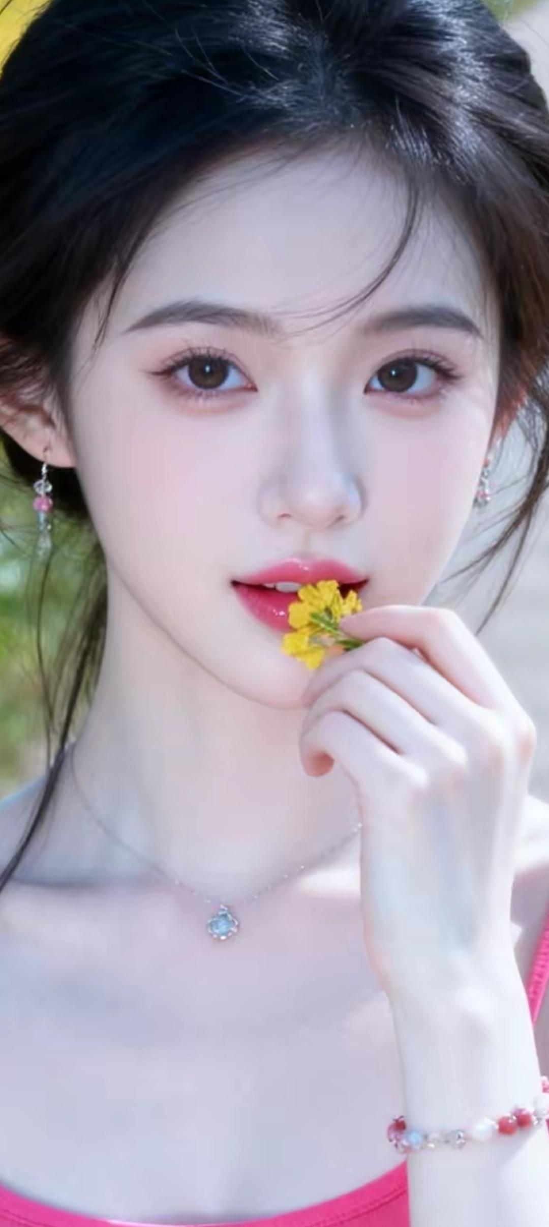 甜美少女，花间轻嗅，粉嫩妆容，清新自然。