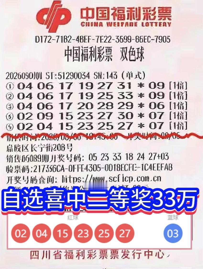 10元自选喜中双色球二等奖，一号之差憾失千万大奖.双色球26090期全国开出