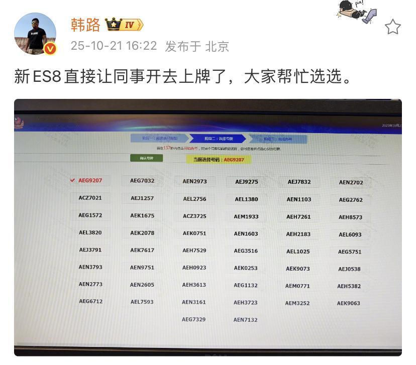 韩路：新ES8直接让同事开去上牌了，大家帮忙选选。这个1933的号码还行，比较