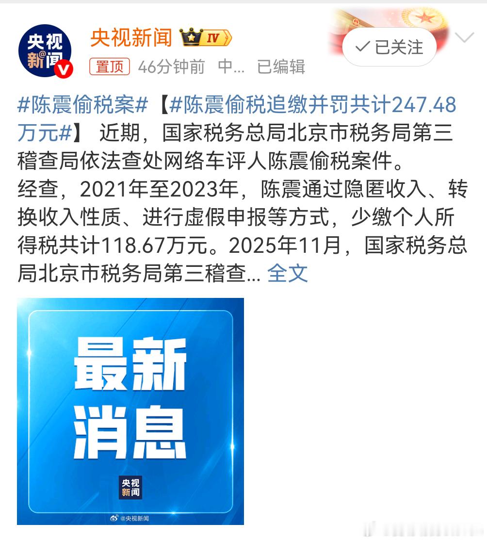 央视，新华社报道……陈震偷税案这就没法评论了陈震偷税案